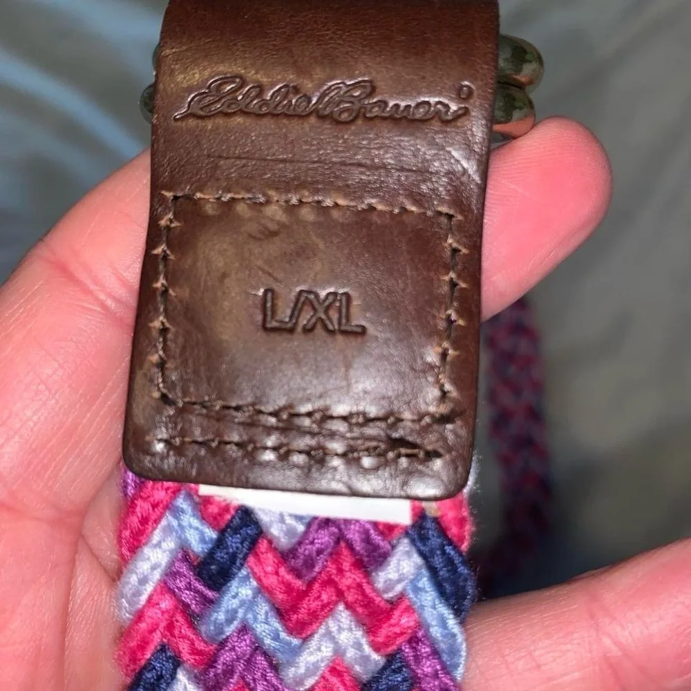 Eddie Bauer Pink and Blue Braided woven cotton Belt d ring leather edges L/XL